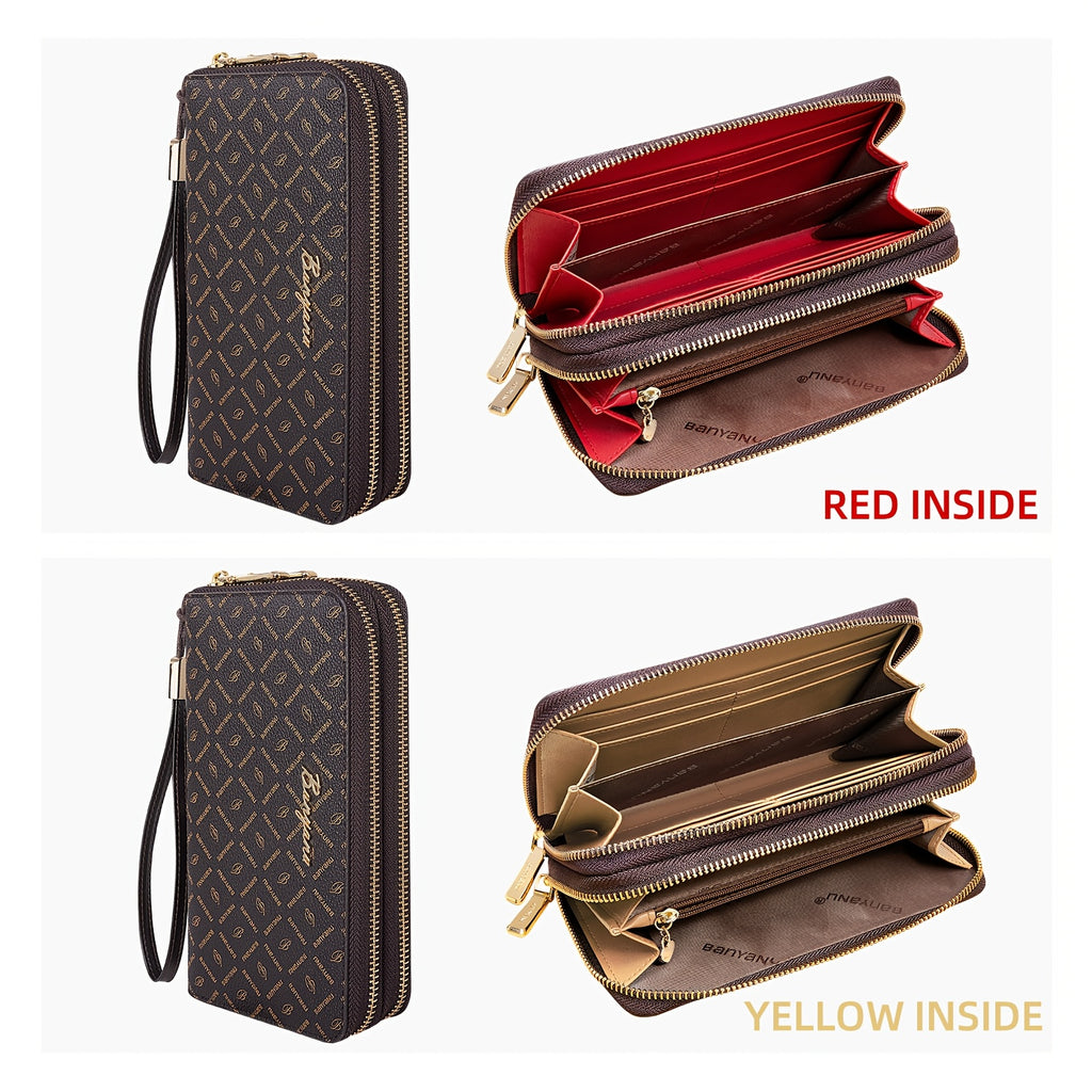 Portefeuille femme double zip marron, doublure au choix