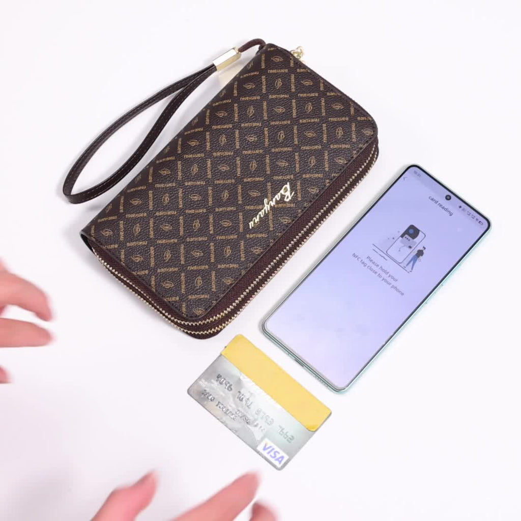 Portefeuille femme double zip marron, doublure au choix