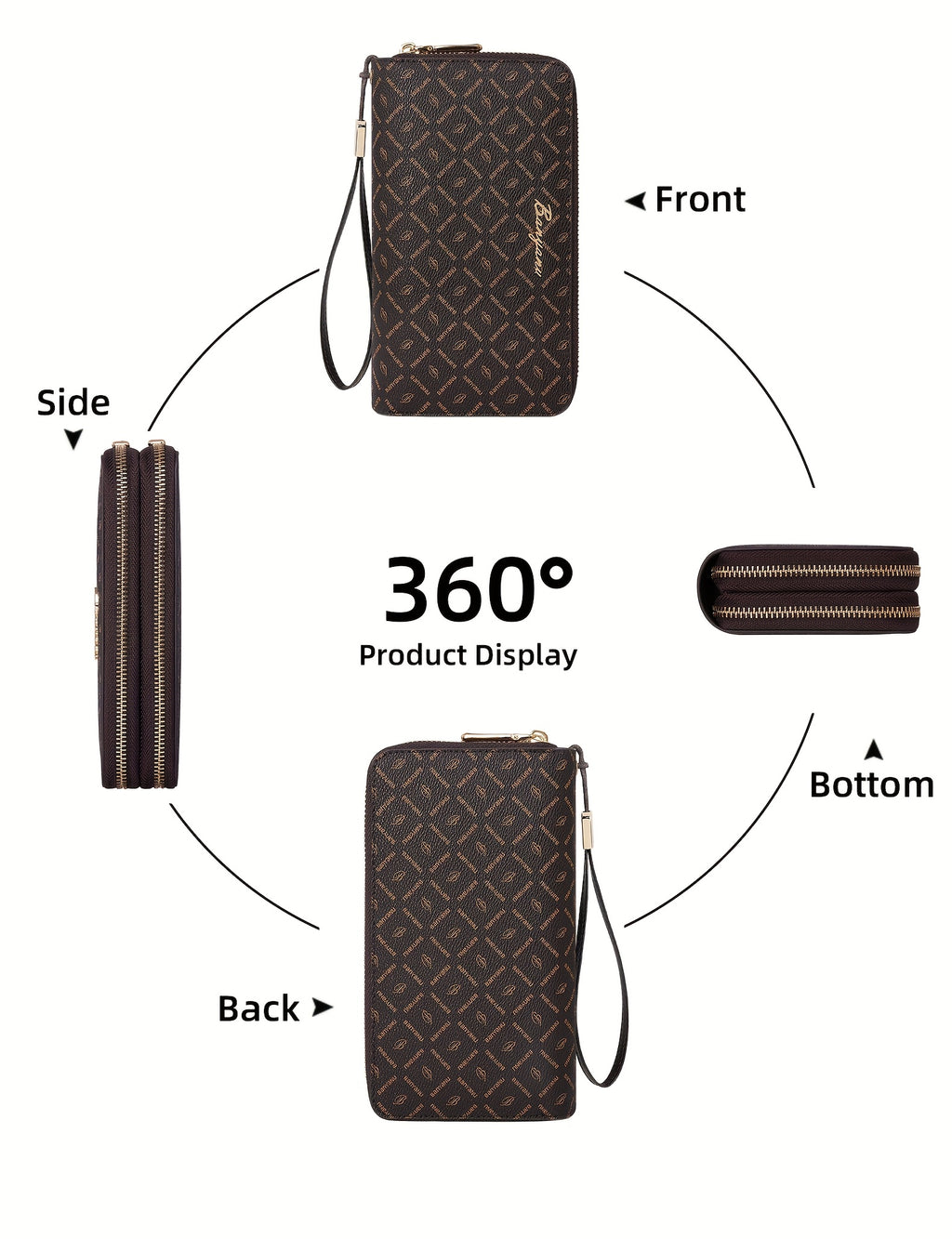 Portefeuille femme double zip marron, doublure au choix