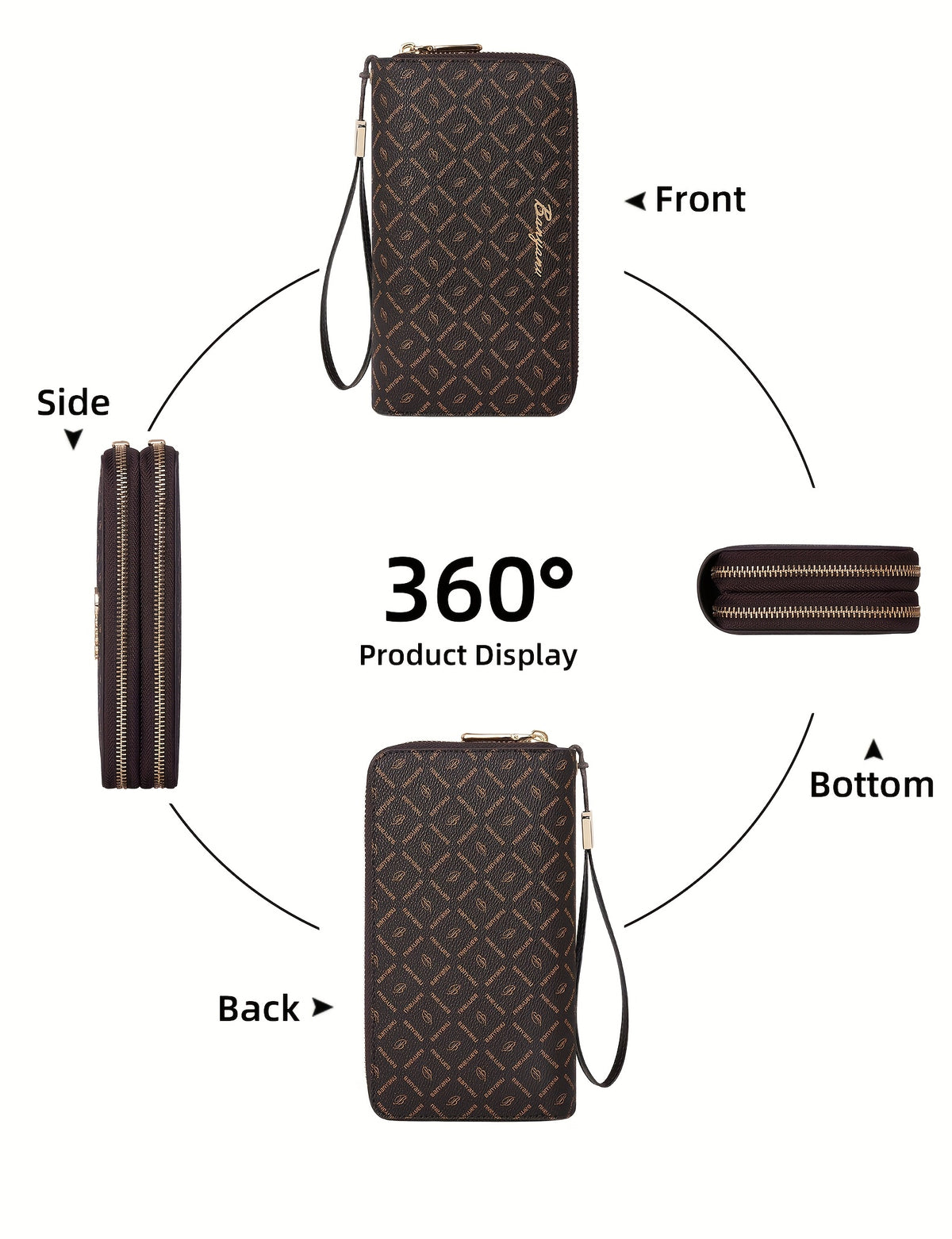 Portefeuille femme double zip marron, doublure au choix