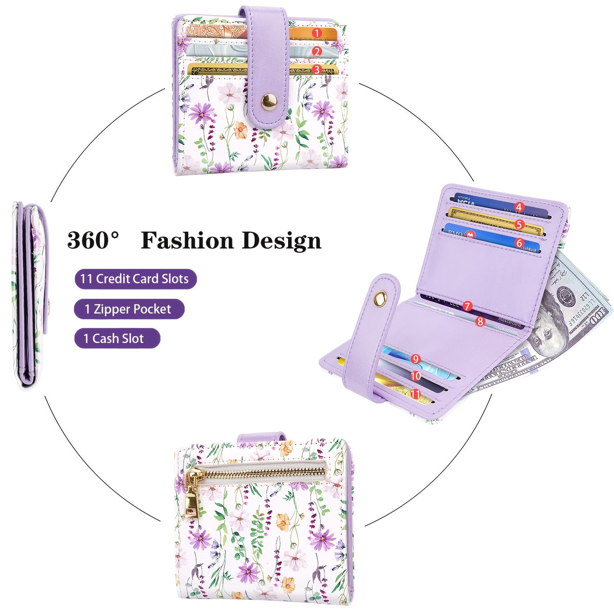 Portefeuille femme imprimé fleuri, 11 cartes et poche zippée
