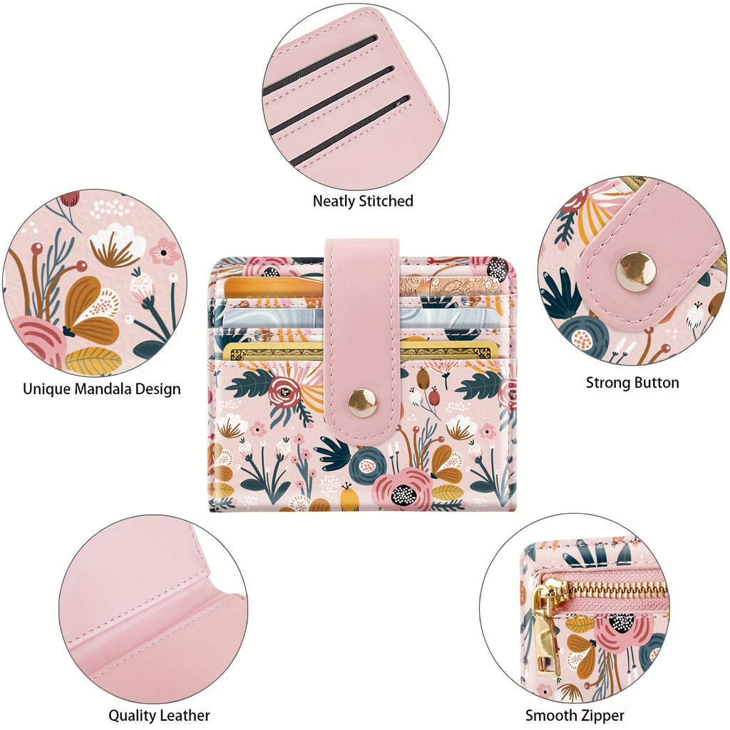 Portefeuille femme imprimé fleuri, 11 cartes et poche zippée