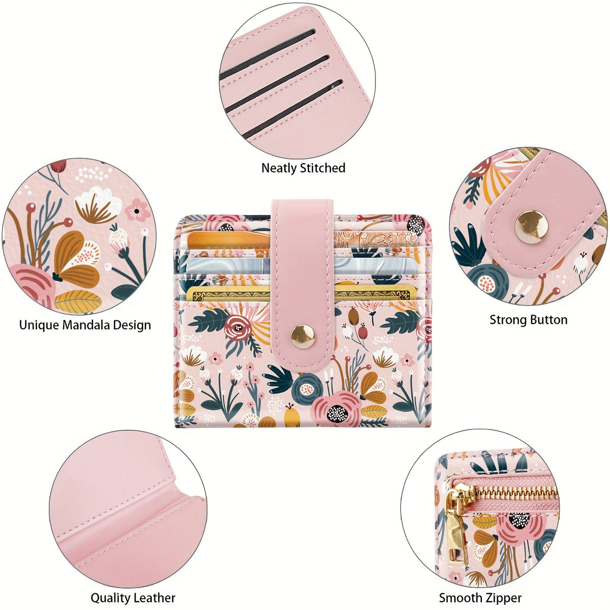 Portefeuille femme imprimé fleuri, 11 cartes et poche zippée