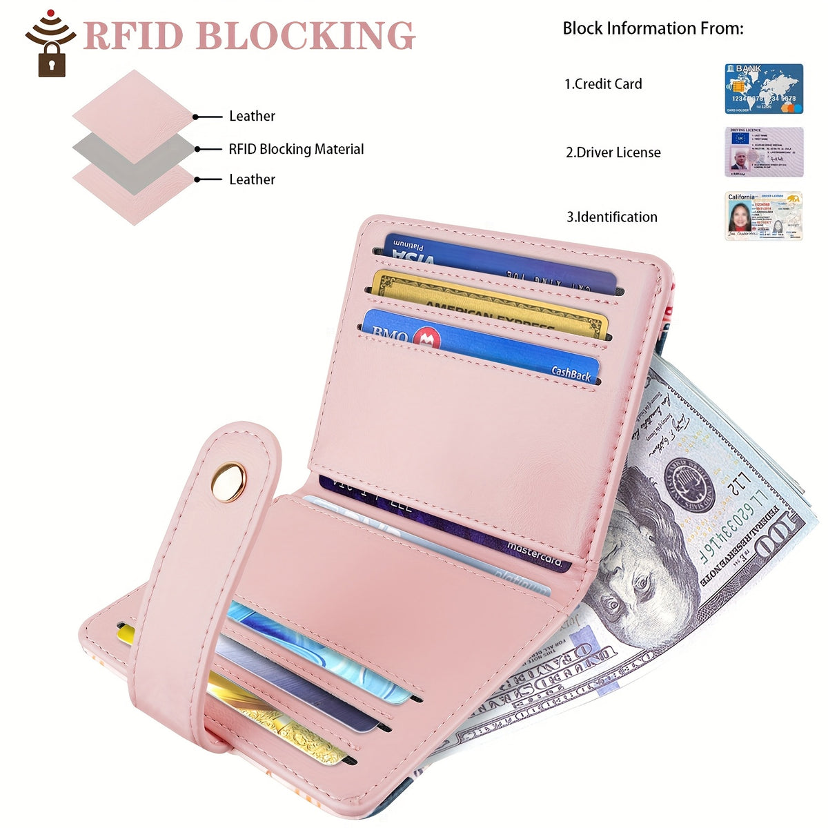 Portefeuille femme imprimé fleuri, 11 cartes et poche zippée