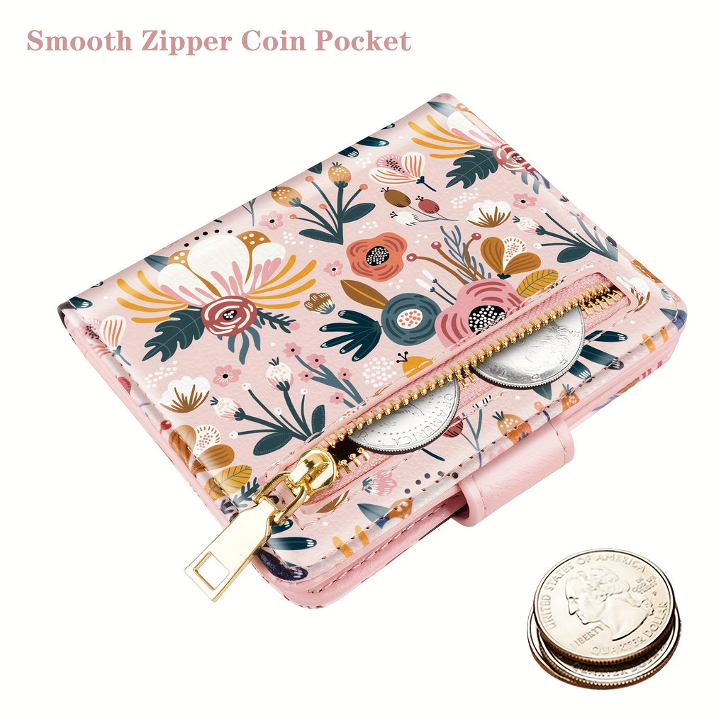 Portefeuille femme imprimé fleuri, 11 cartes et poche zippée