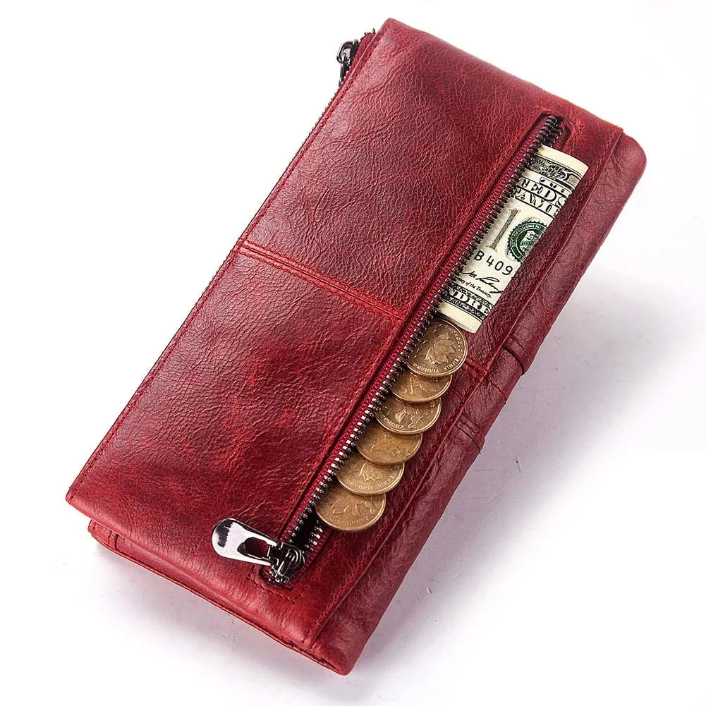 Portefeuille compagnon en cuir véritable pour femme avec protection RFID et double zip — photo 3 Image