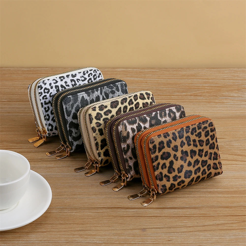 Portefeuille femme compact léopard en cuir PU avec double zip et grande capacité — photo 3 Image