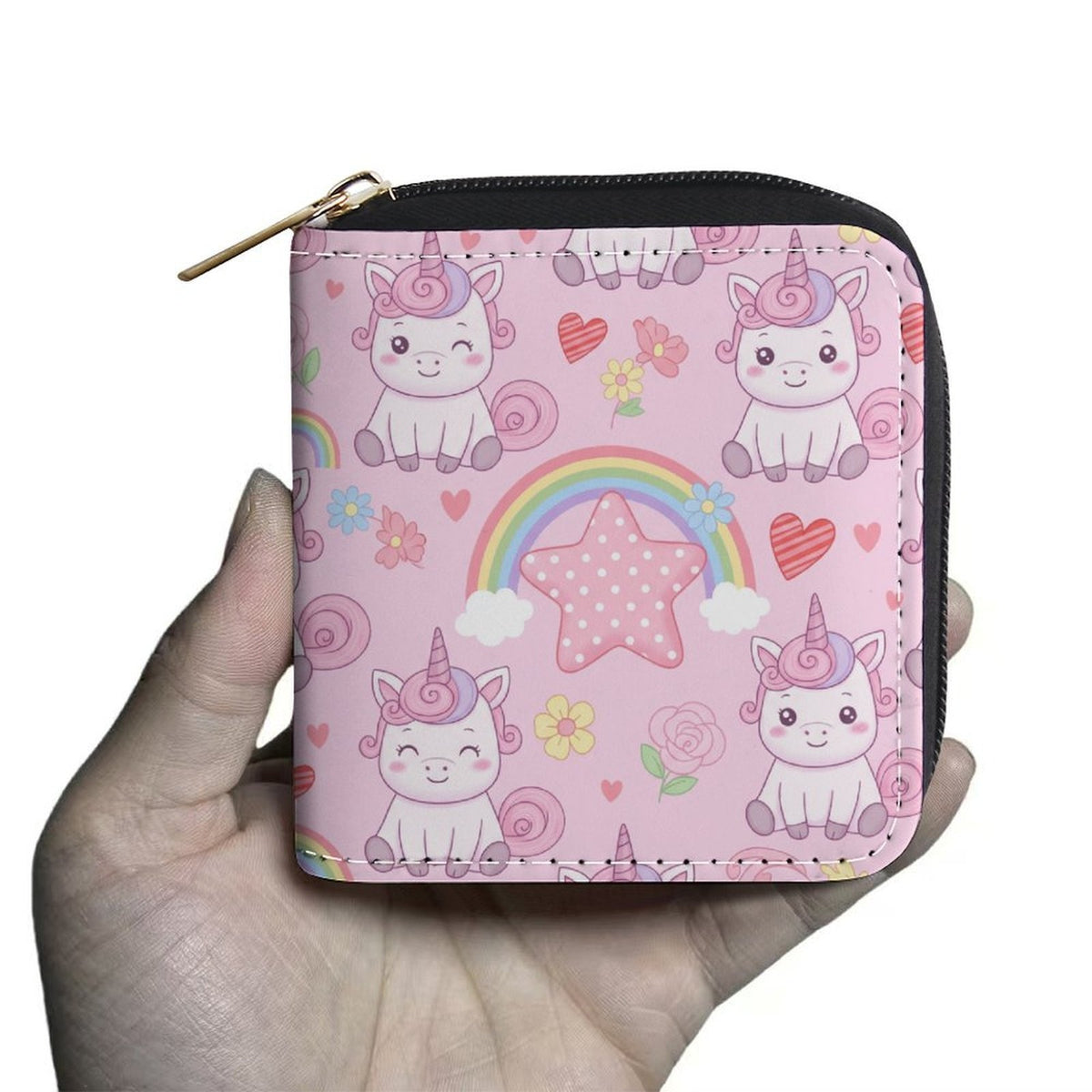 Portefeuille femme à licornes rose pastel, carré zippé 10 cm