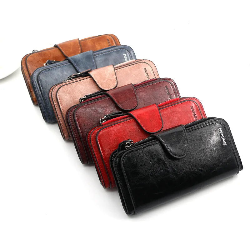 Portefeuille femme long en cuir PU ciré, six coloris tirés