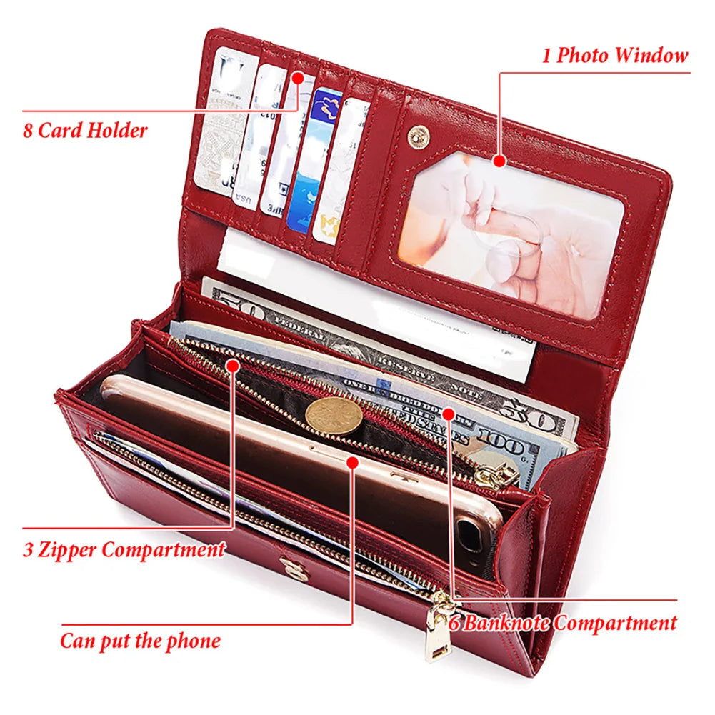 Portefeuille femme long anti-RFID, 8 cartes et téléphone