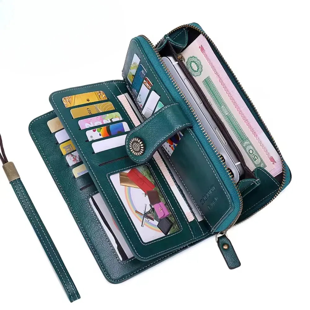 Portefeuille long anti-theft en cuir pu avec fermeture éclair et dragonne pour femme — photo 6