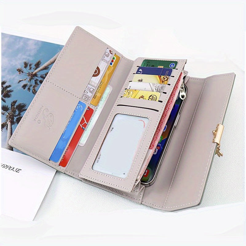Portefeuille femme long beige, surpiqûre losange et rabat