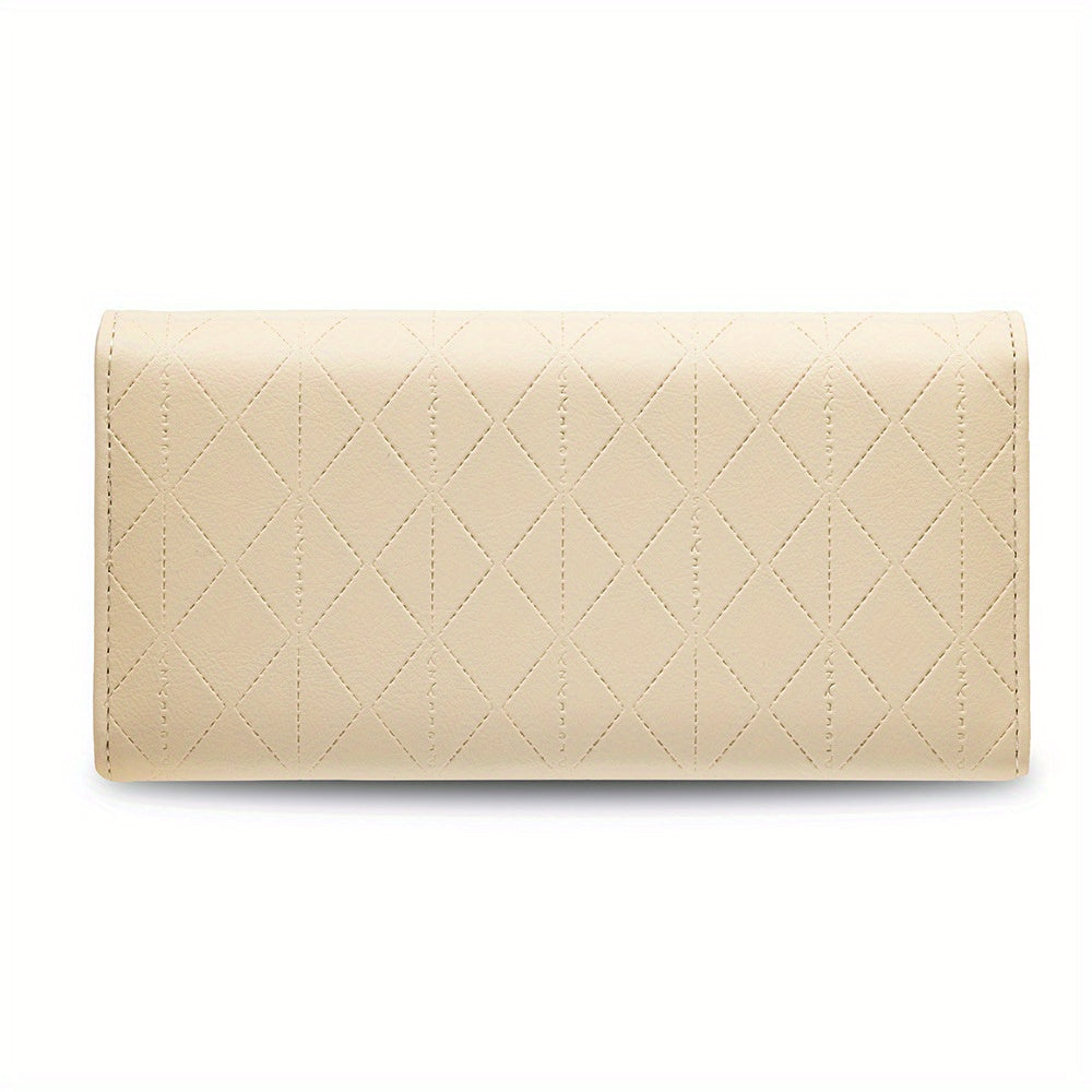 Portefeuille femme long beige, surpiqûre losange et rabat