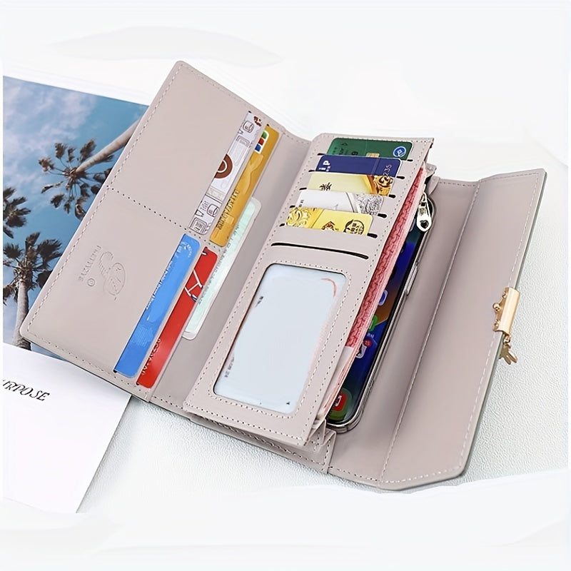 Portefeuille femme long beige, surpiqûre losange et rabat