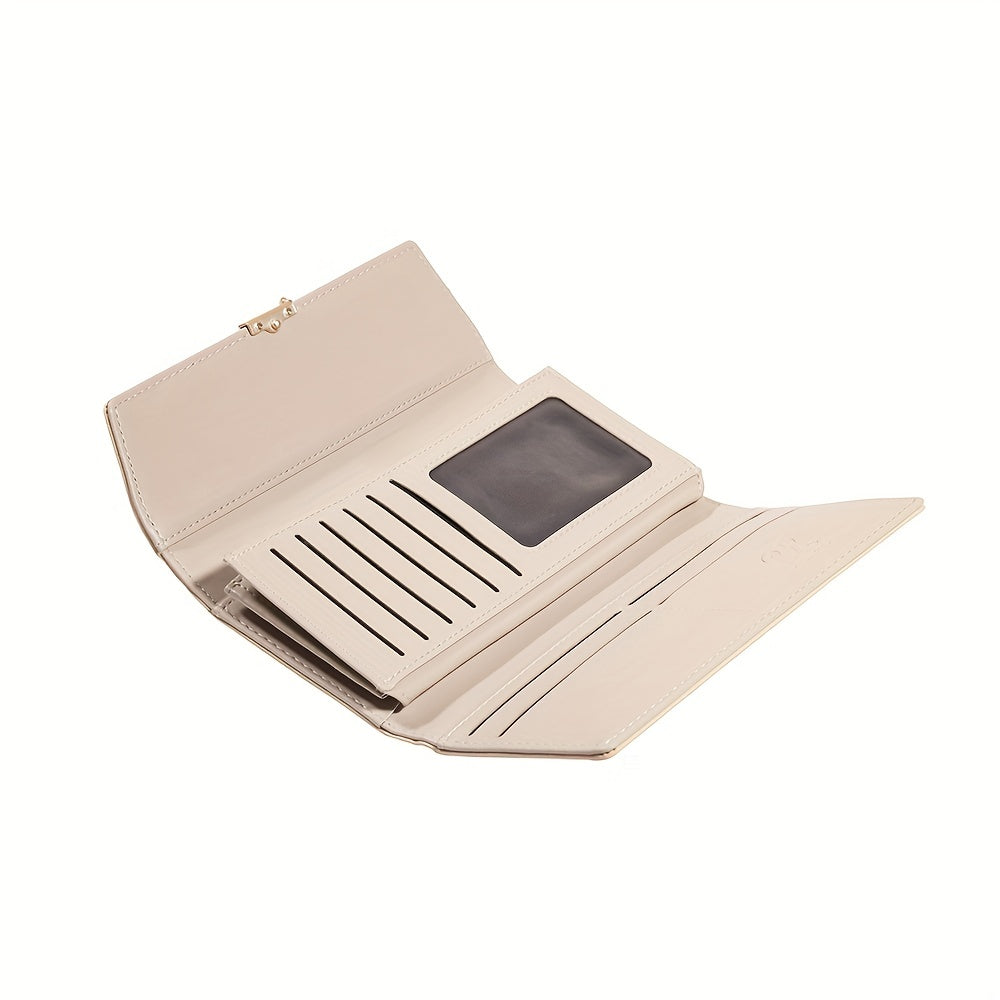Portefeuille femme long beige, surpiqûre losange et rabat