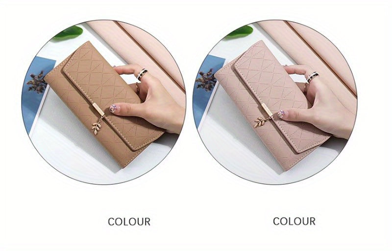 Portefeuille femme long beige, surpiqûre losange et rabat