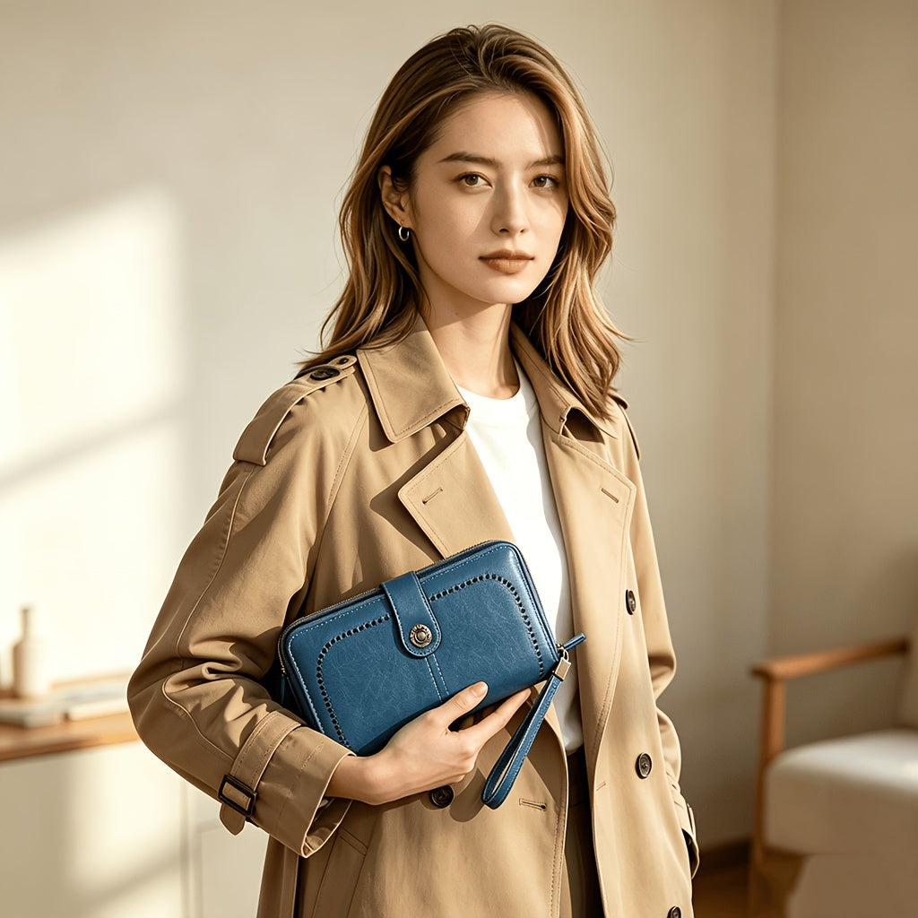 Portefeuille femme long bleu, perforations ajourées et zip