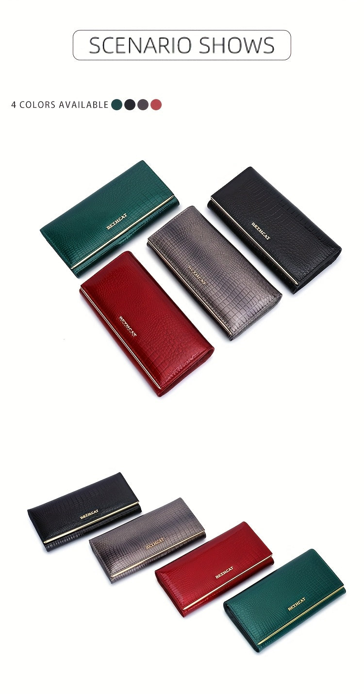 Portefeuille femme long, cinq poches billets, croco verni