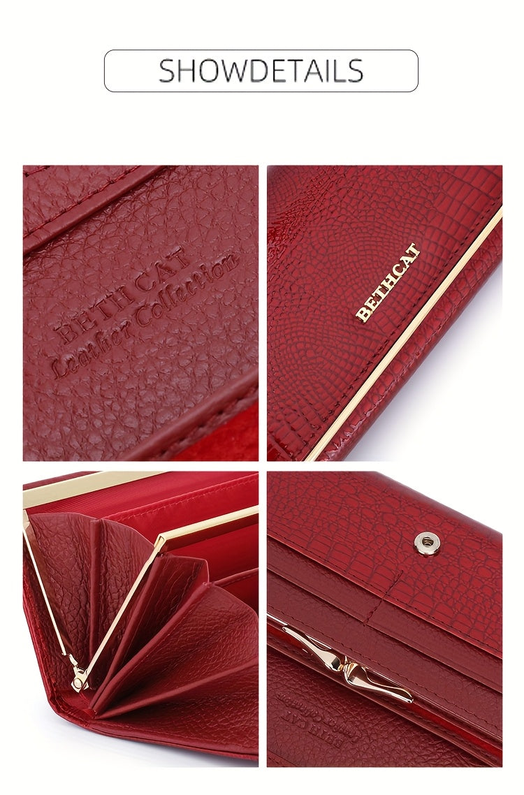 Portefeuille femme long, cinq poches billets, croco verni