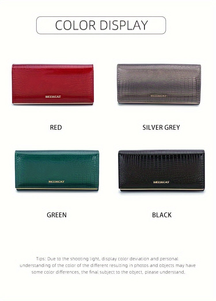 Portefeuille femme long, cinq poches billets, croco verni