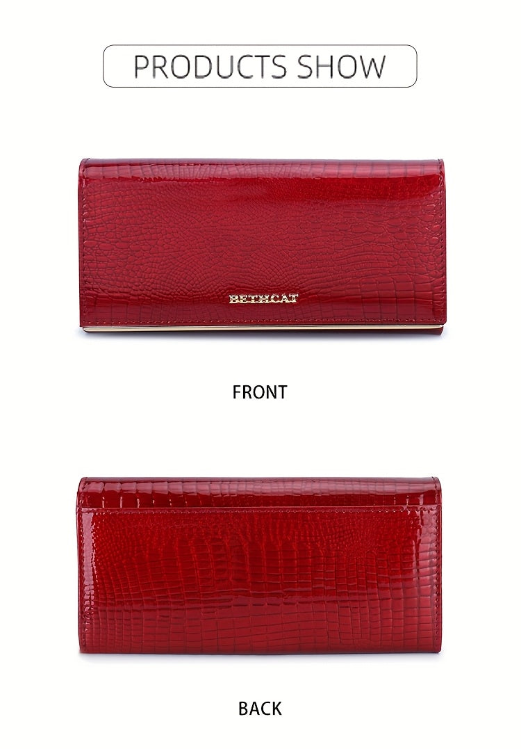 Portefeuille femme long, cinq poches billets, croco verni
