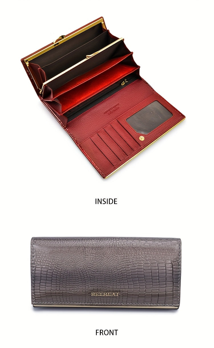 Portefeuille femme long, cinq poches billets, croco verni