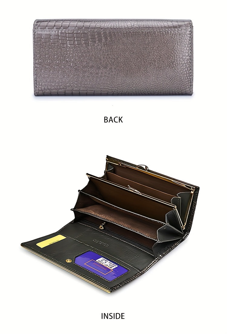 Portefeuille femme long, cinq poches billets, croco verni