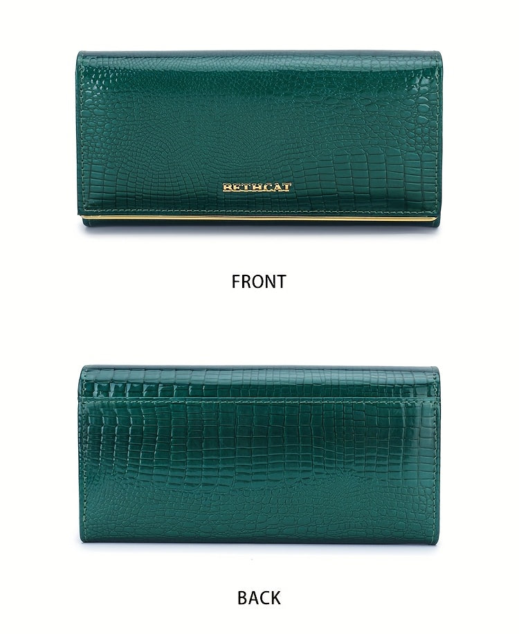 Portefeuille femme long, cinq poches billets, croco verni
