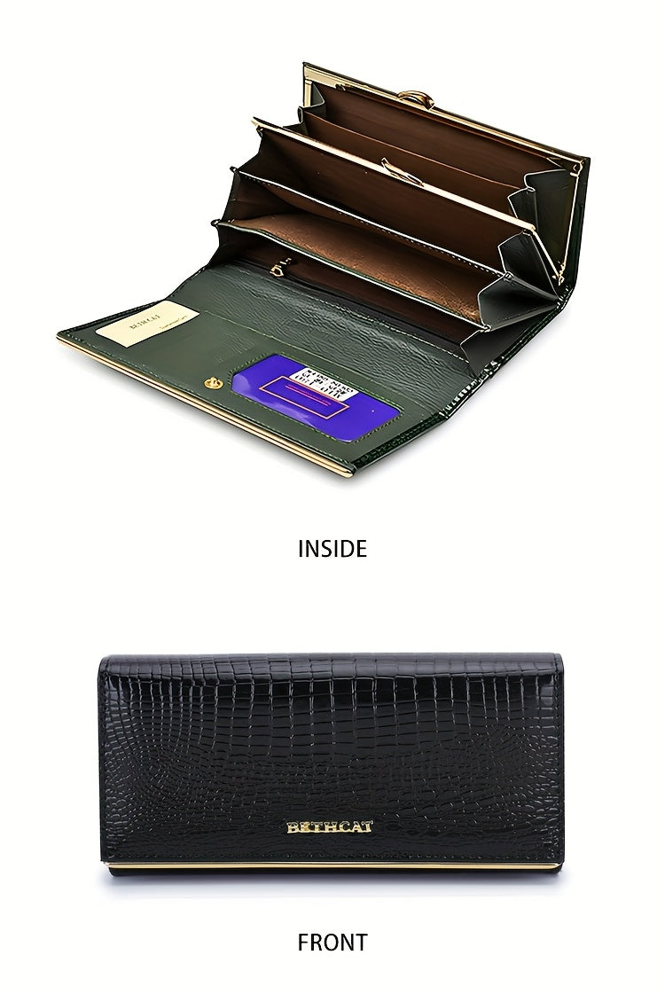 Portefeuille femme long, cinq poches billets, croco verni