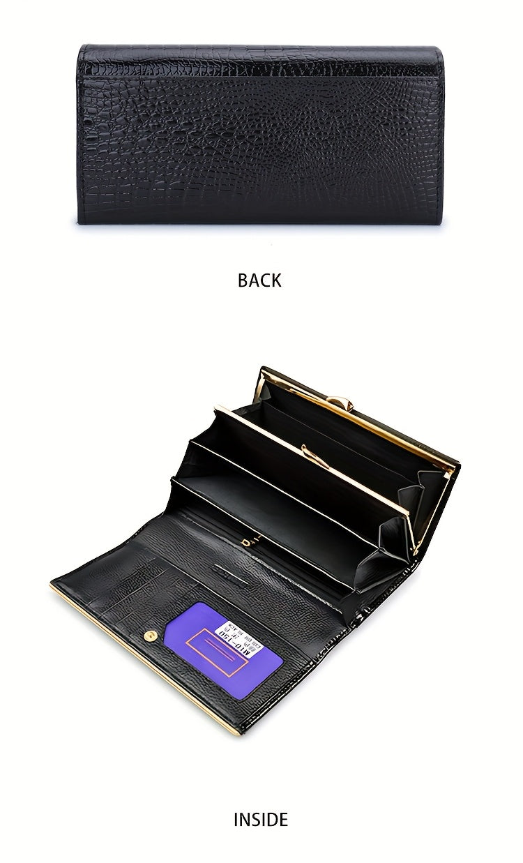 Portefeuille femme long, cinq poches billets, croco verni