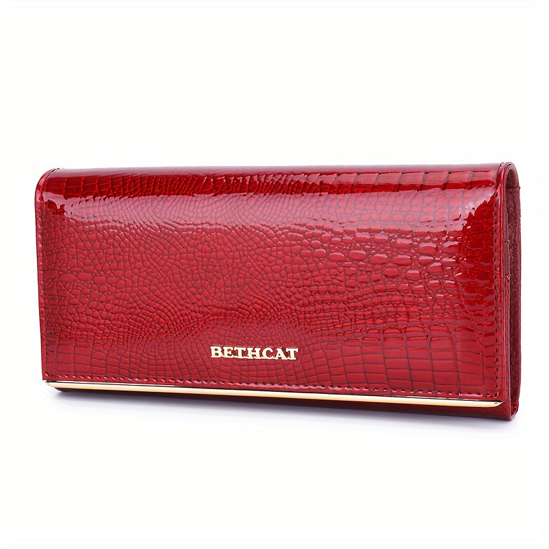 Portefeuille femme long, cinq poches billets, croco verni