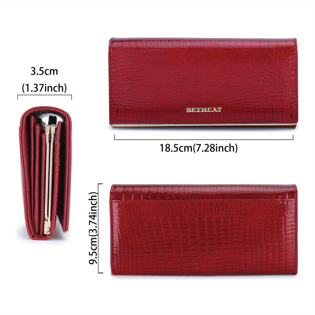 Portefeuille femme long, cinq poches billets, croco verni