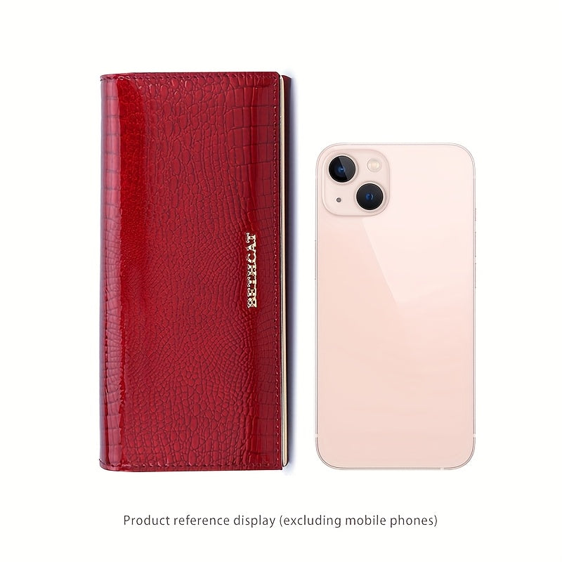 Portefeuille femme long, cinq poches billets, croco verni