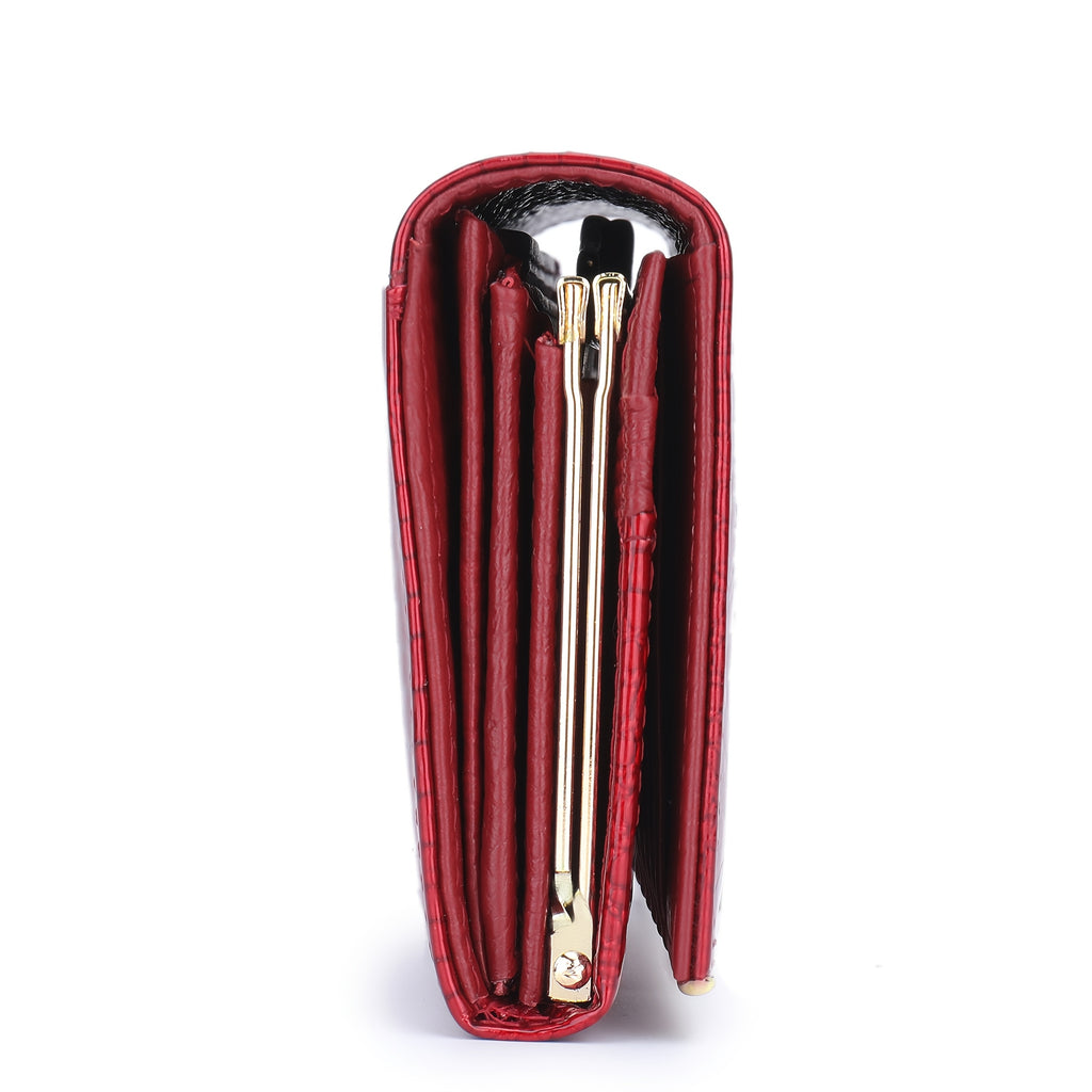 Portefeuille femme long, cinq poches billets, croco verni