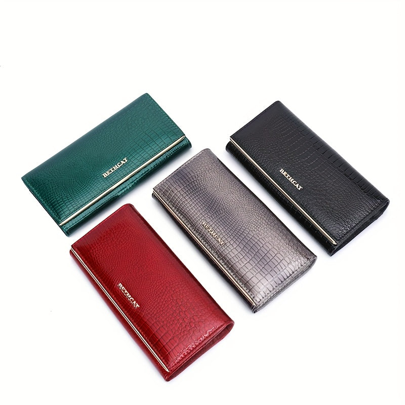 Portefeuille femme long, cinq poches billets, croco verni