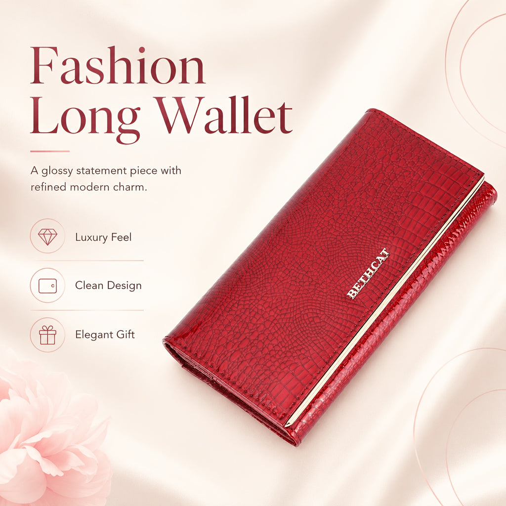Portefeuille femme long, cinq poches billets, croco verni