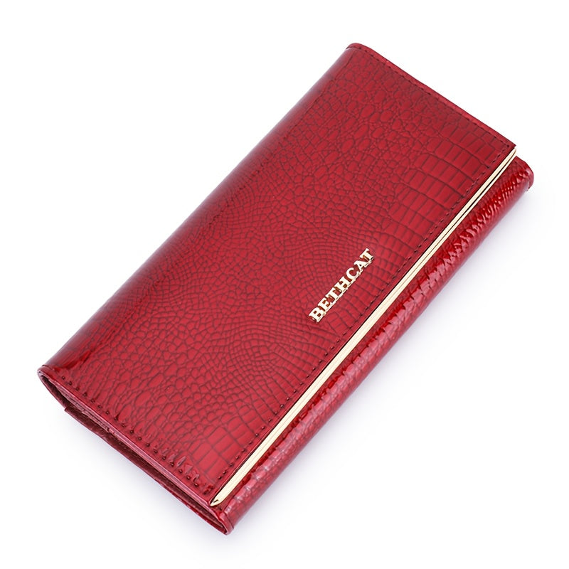 Portefeuille femme long, cinq poches billets, croco verni