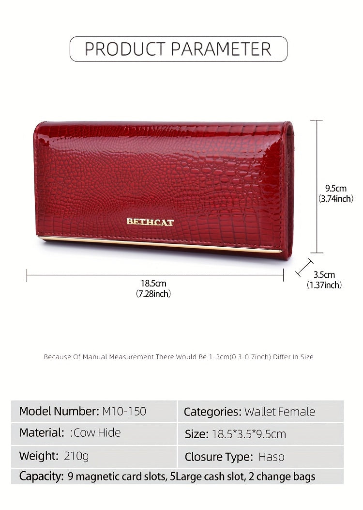Portefeuille femme long, cinq poches billets, croco verni