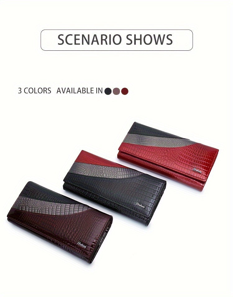 Portefeuille femme long croco et quatre poches à billets