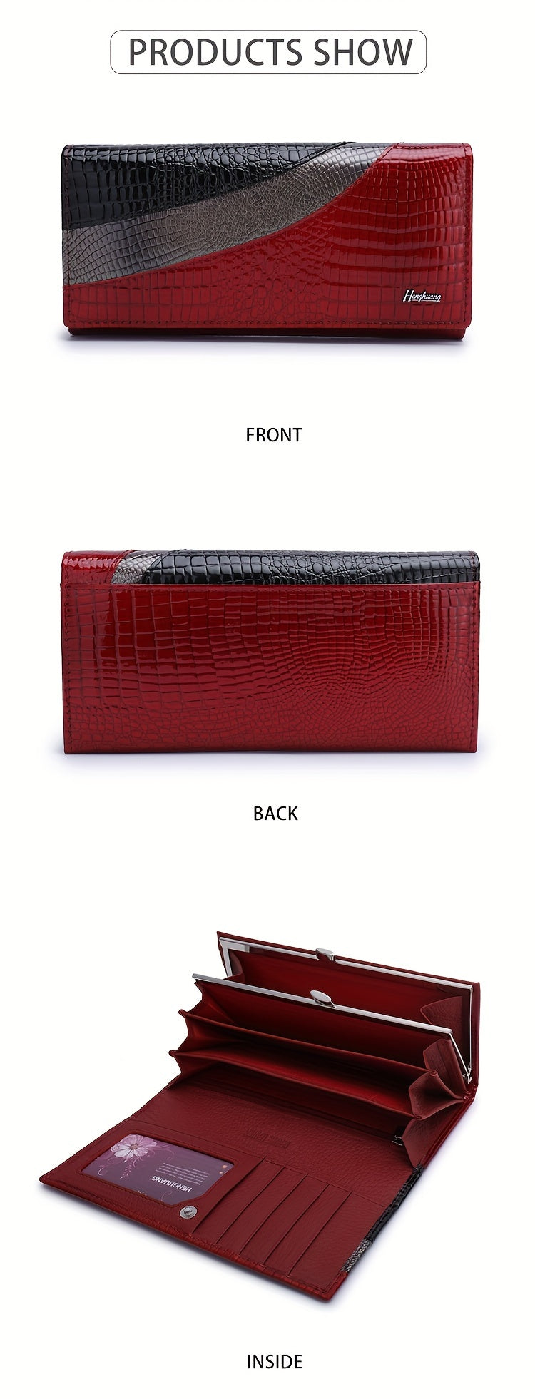 Portefeuille femme long croco et quatre poches à billets