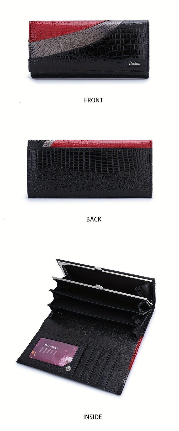 Portefeuille femme long croco et quatre poches à billets