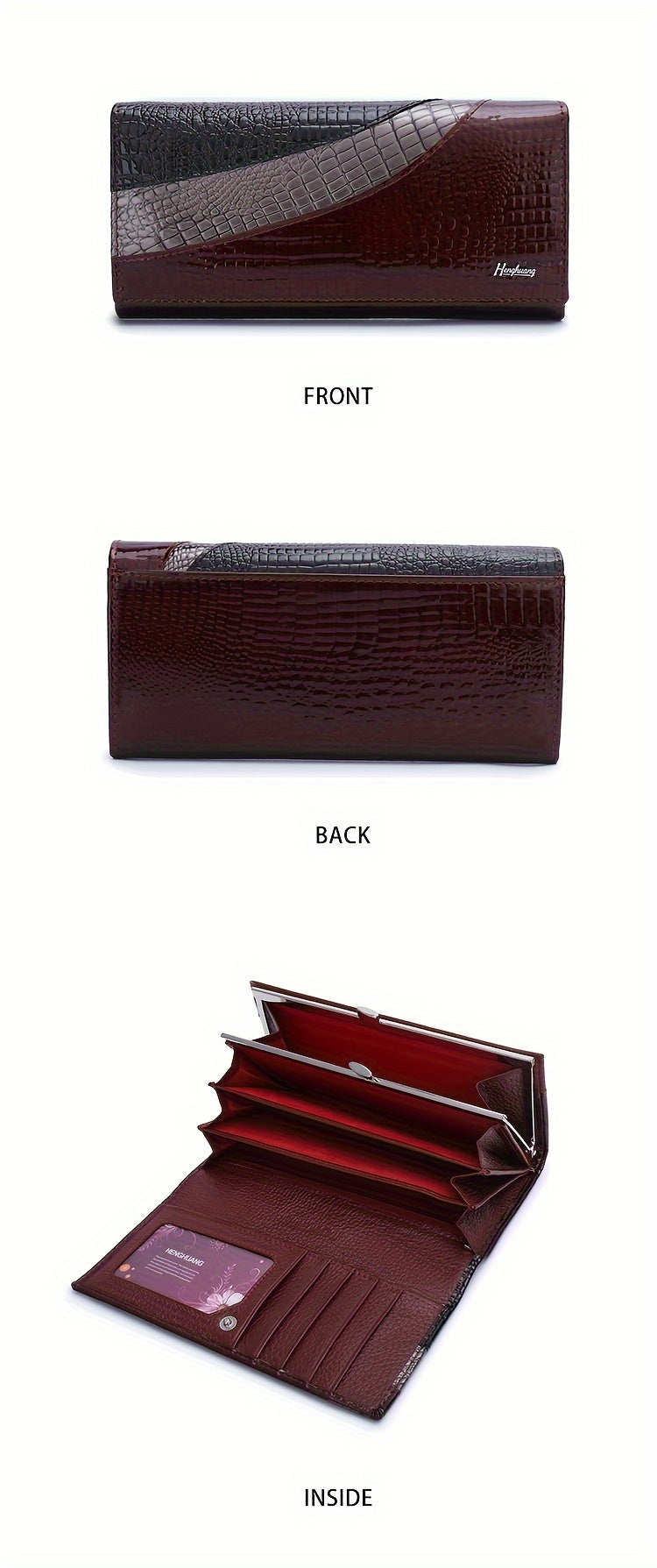 Portefeuille femme long croco et quatre poches à billets