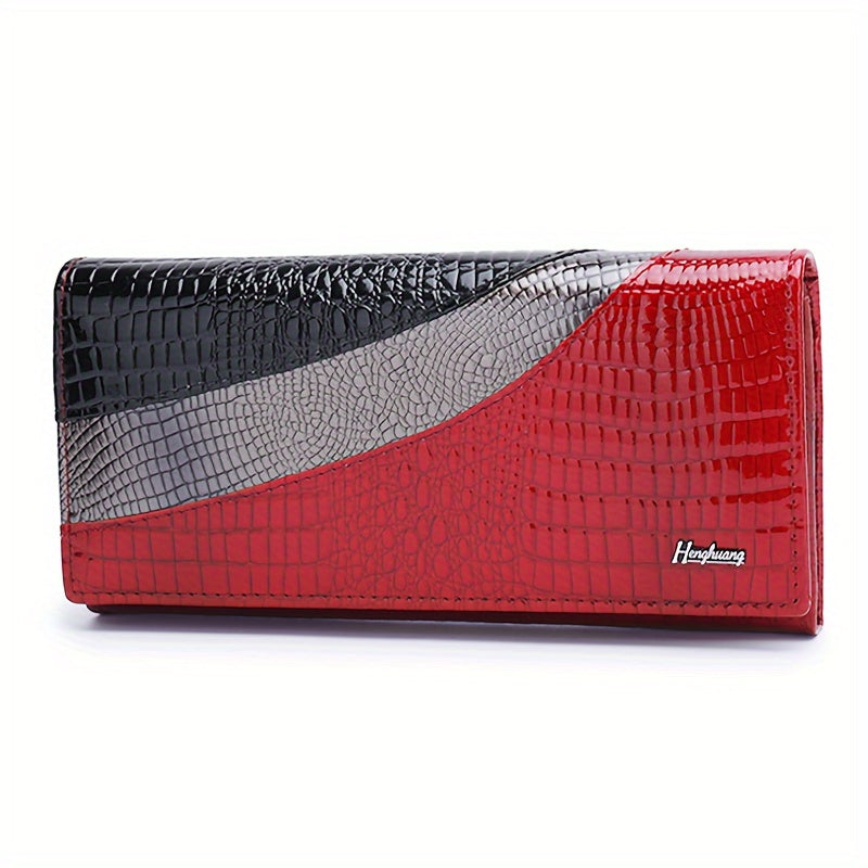 Portefeuille femme long croco et quatre poches à billets