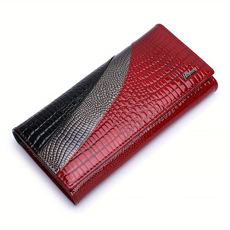 Portefeuille femme long croco et quatre poches à billets