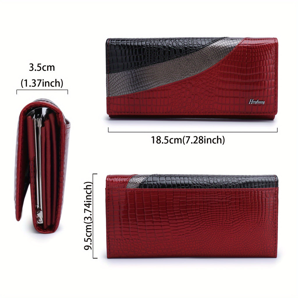 Portefeuille femme long croco et quatre poches à billets