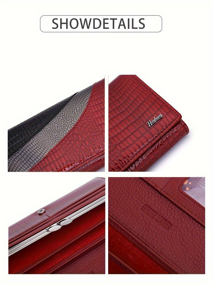 Portefeuille femme long croco et quatre poches à billets