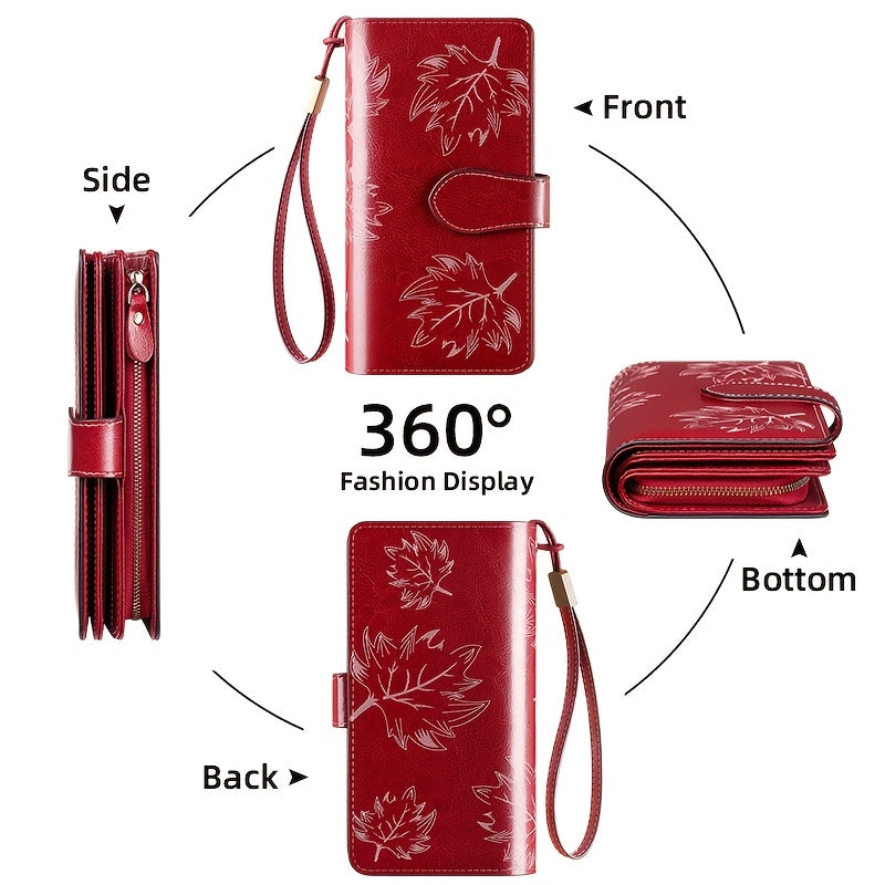 Portefeuille femme long en croûte de cuir, feuille d'érable