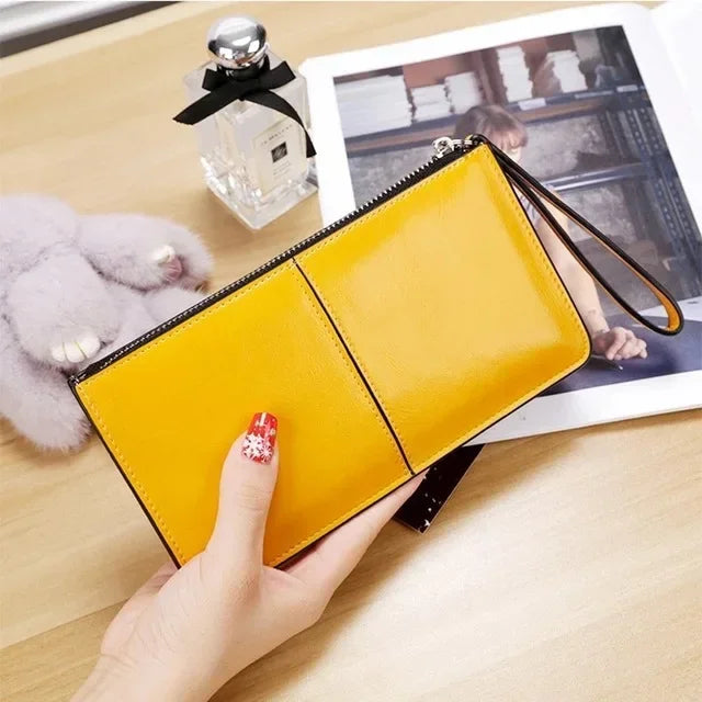 Portefeuille femme long en cuir PU vintage avec zip et dragonne grande capacité — photo 10