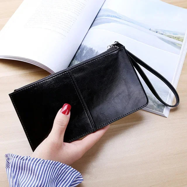 Portefeuille femme long en cuir PU vintage avec zip et dragonne grande capacité — photo 11