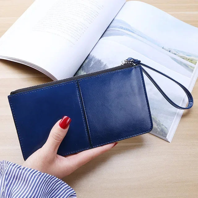 Portefeuille femme long en cuir PU vintage avec zip et dragonne grande capacité — photo 12